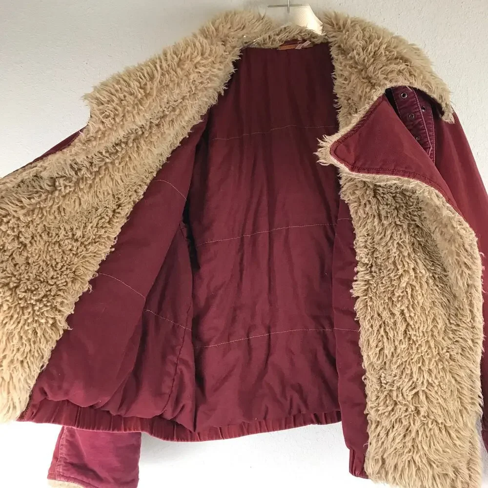 Free People Owen Sherpa Jacket Twill Asymmetrical Button Buckle Bomber Aviator L
